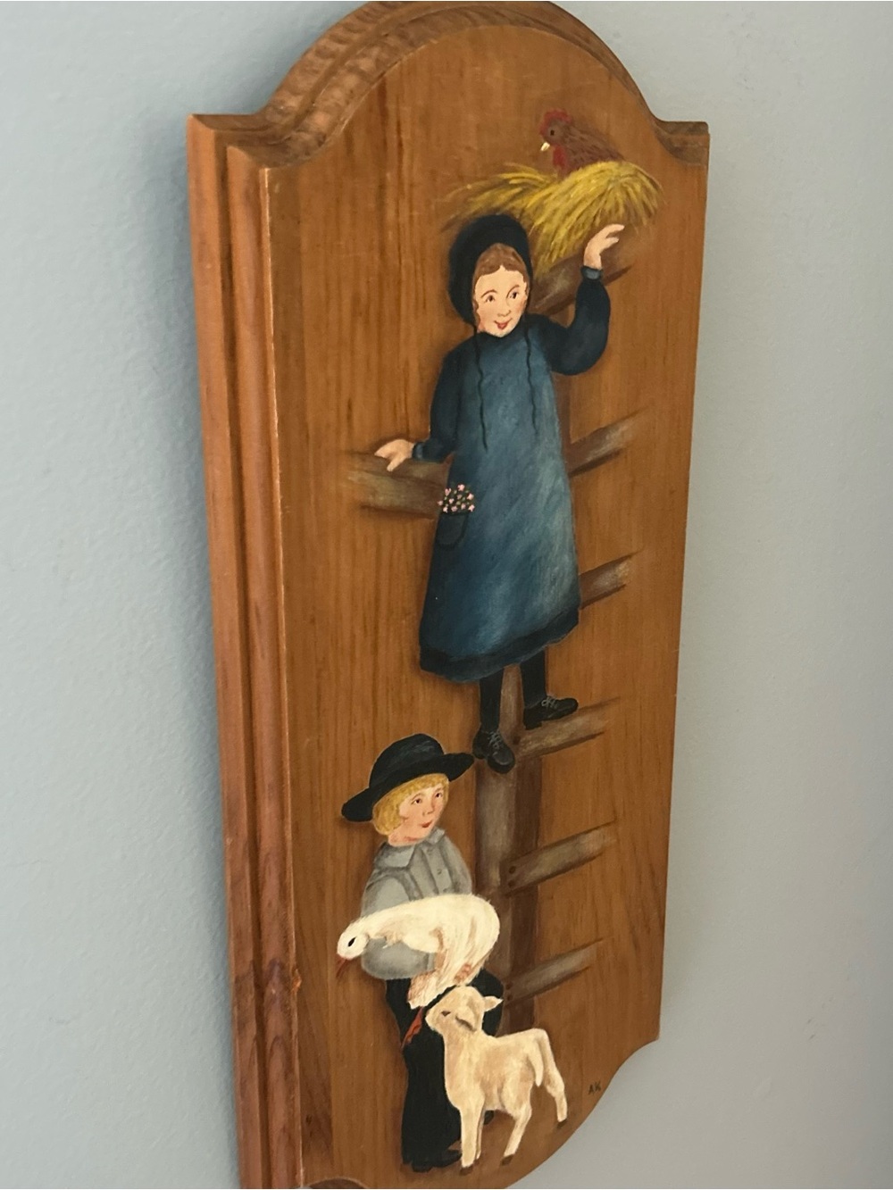 Vintage Folk Art Hand Painted Wood Wall Plaque Farmhouse Decor
